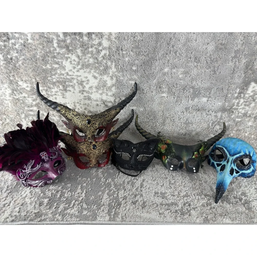 Horned Skull Feathered Gothic Halloween Masquerade Mask Multi Colored Lot of 6